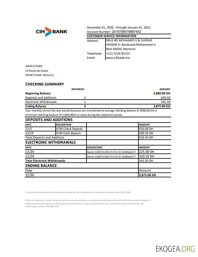 Maroc Banque CIH excel pdf